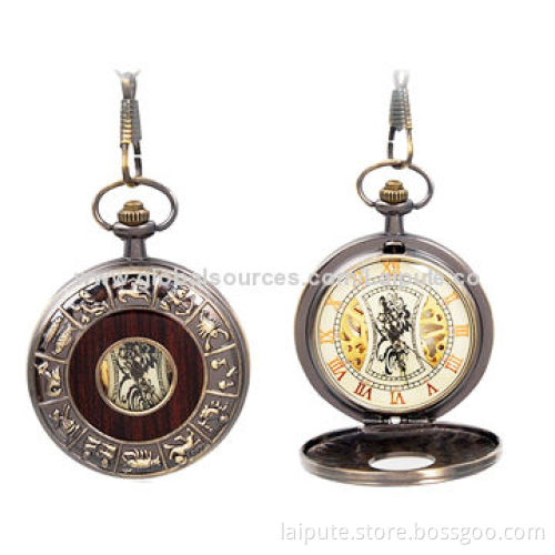 Manufacture Promotional Animal Print Bronze Round Mechanical FOB Pocket Watches, Flower Carved Case